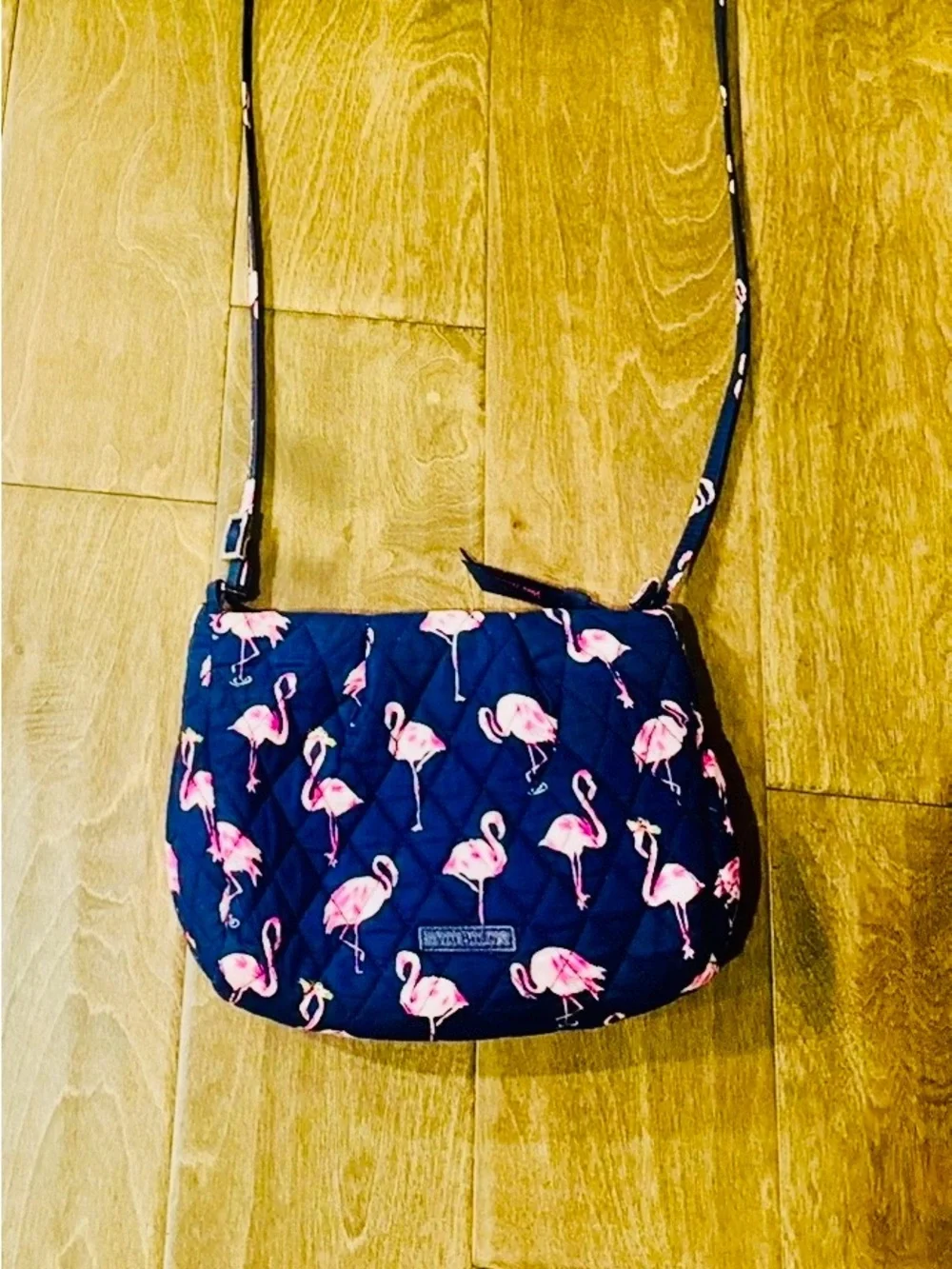 Vera Bradley Flamingo Fiesta Quilted Crossbody in Navy with Pink Flamingo Print